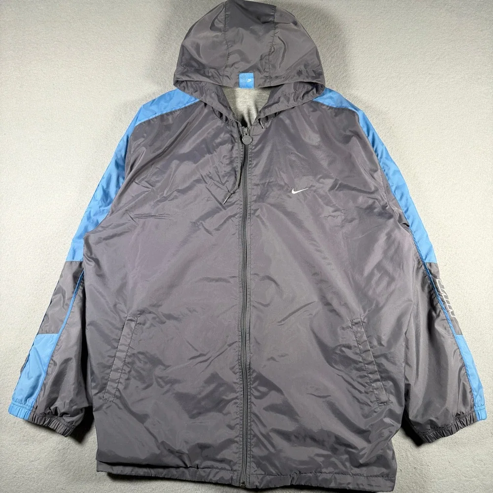 Vintage Nike Mens Gray Blue Hooded Windbreaker Jersey Lined Full Zip Jacket XXL